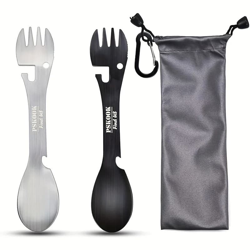 PSKOOK outils de survie en plein air 5 en 1 Camping Kit EDC multifonctionnel pratique fourchette couteau cuillère bouteille/ouvre-boîte